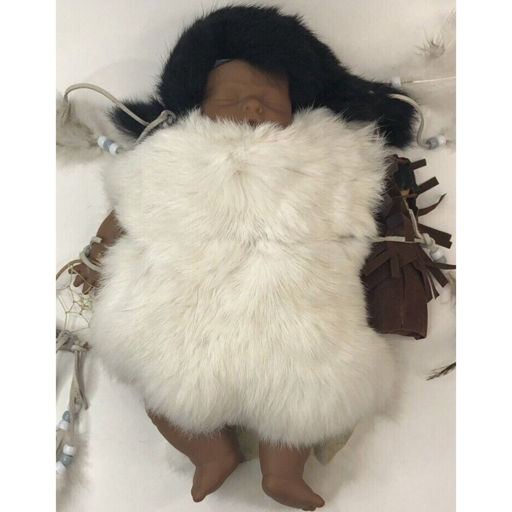 Native American Infant Doll in Fur with Baby in Papoose Feathers Dream Catcher